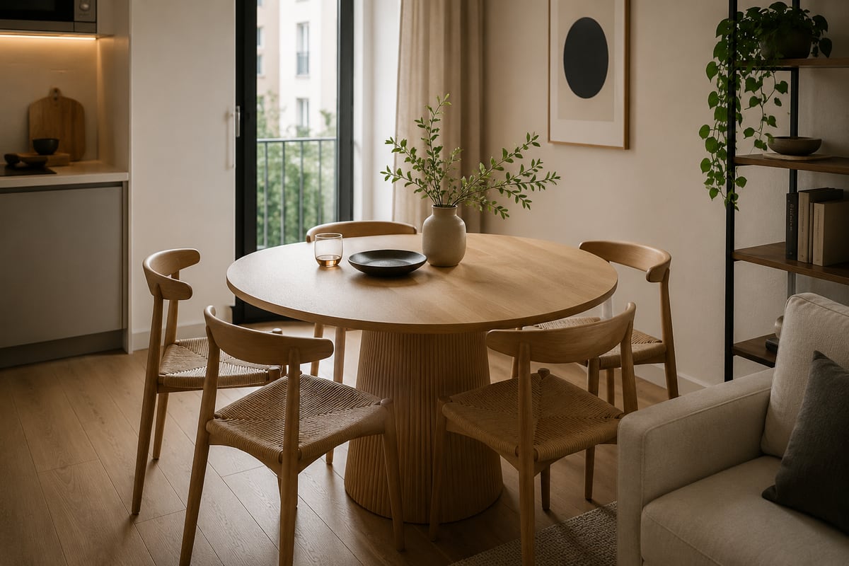 Round wooden dining table with chairs in a small flat
