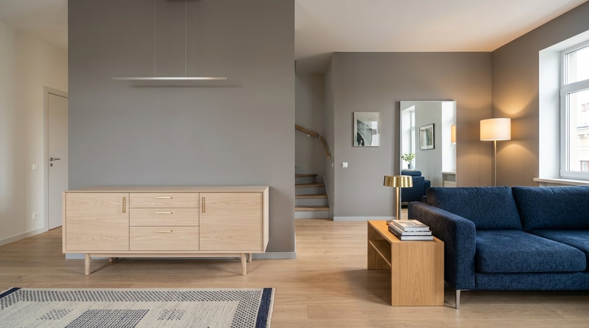 A pale sideboard in a modern living room with a blue sofa