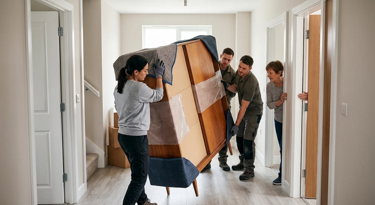 People carrying a wrapped cabinet through a hallway