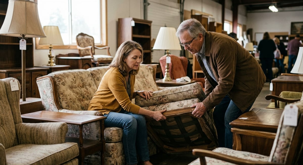 Buyers checking the seat of an upholstered sofa in a shop