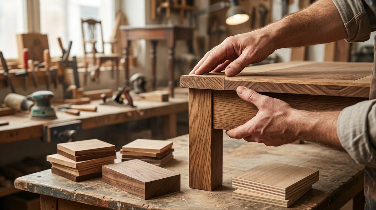 A joiner comparing solid wood and veneer samples in a workshop