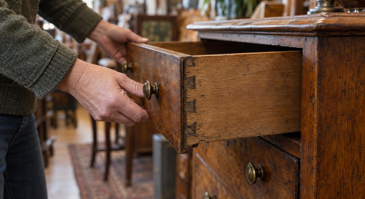 Hands pulling out a drawer of an old wooden chest, showing the dovetail joint