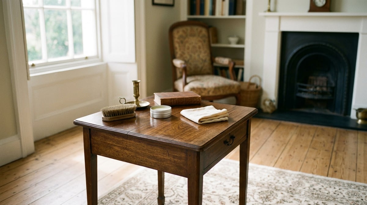 An old wooden side table with wax, a brush and a cloth