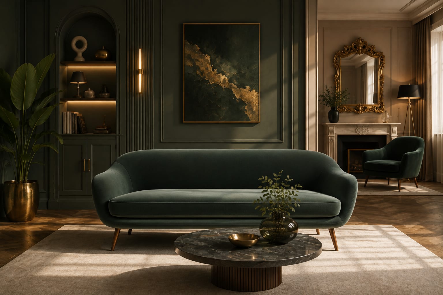 Dark green velvet sofa in a classic living room