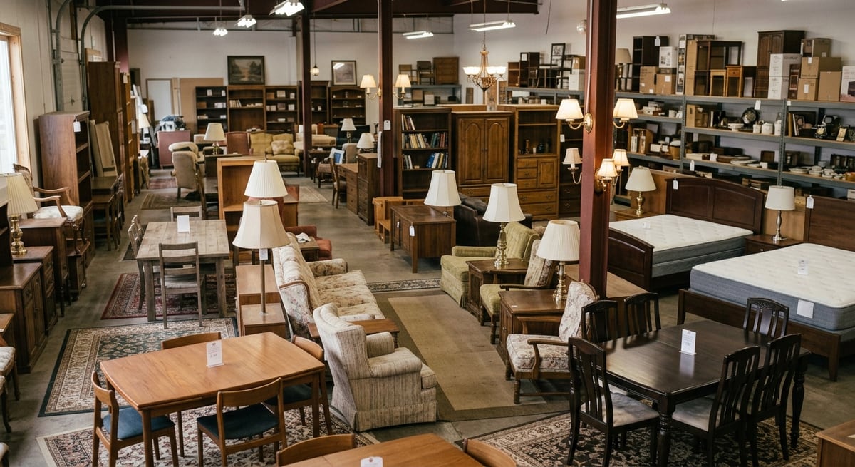 The shop hall with furniture, lamps and tableware